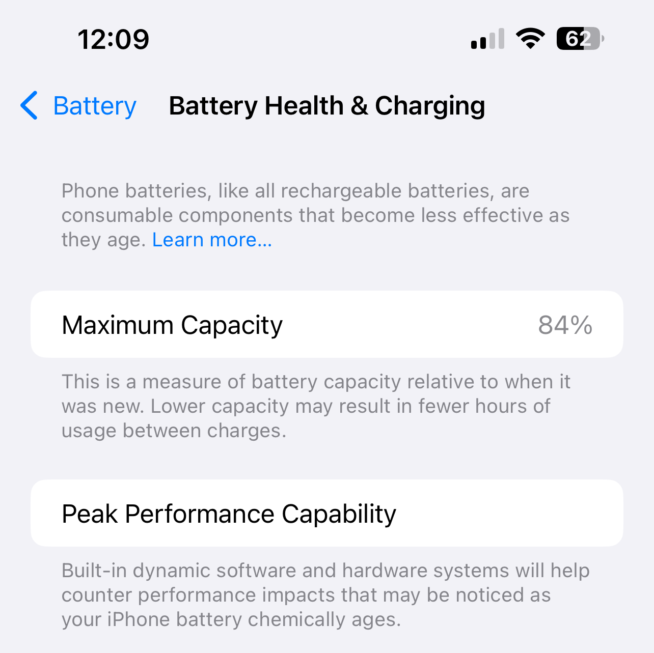 iPhone battery health at 84 percent in 2025