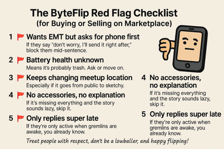 Infographic checklist showing marketplace red flags for tech flipping