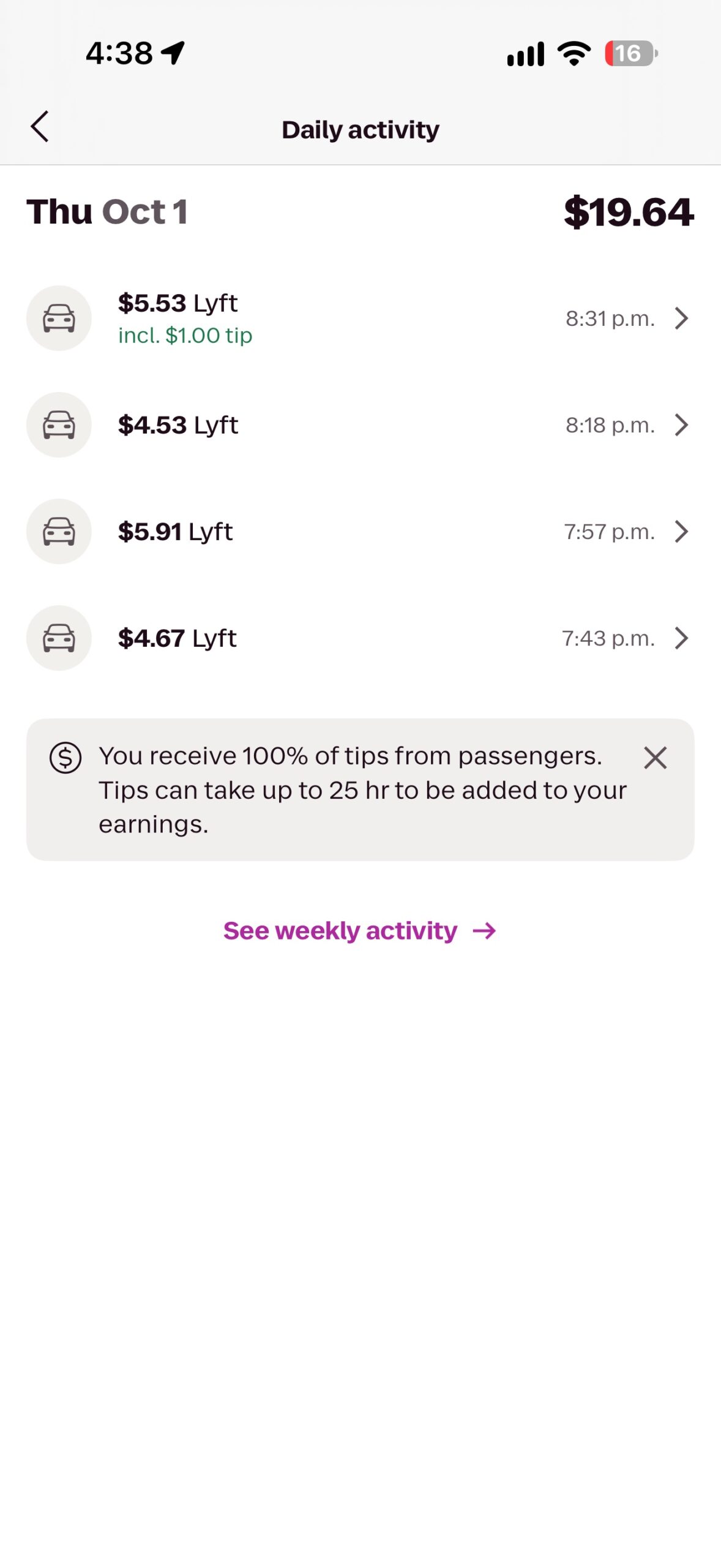 Lyft driver earnings screen showing $19.64 total across 4 rides on Thursday October 1