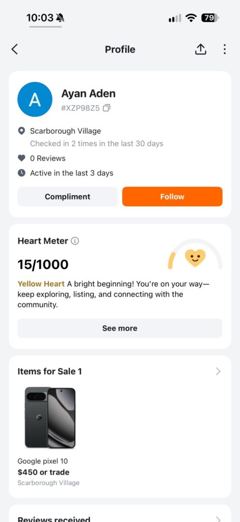 Screenshot of the Karrot seller profile with 0 reviews, a brand new account, and a Heart Meter of 15 out of 1000