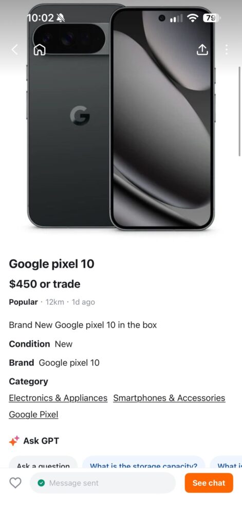 Screenshot of the Karrot marketplace listing for a brand new Google Pixel 10, priced at $450 or trade