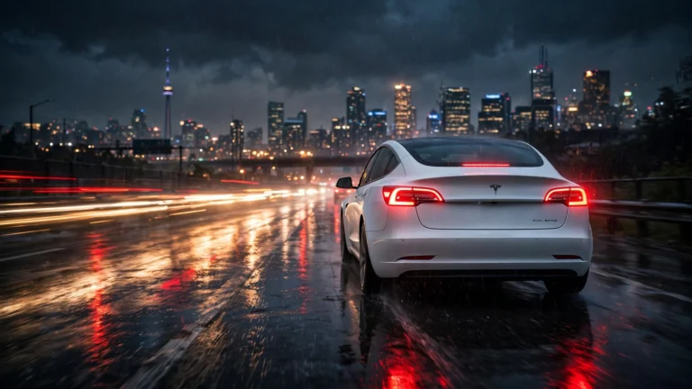 Tesla Model 3 driving at night on a wet road